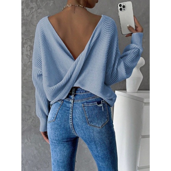 Minimalist Twist Back Drop Shoulder Boat Neck Sweater backless - Picture 9 of 11